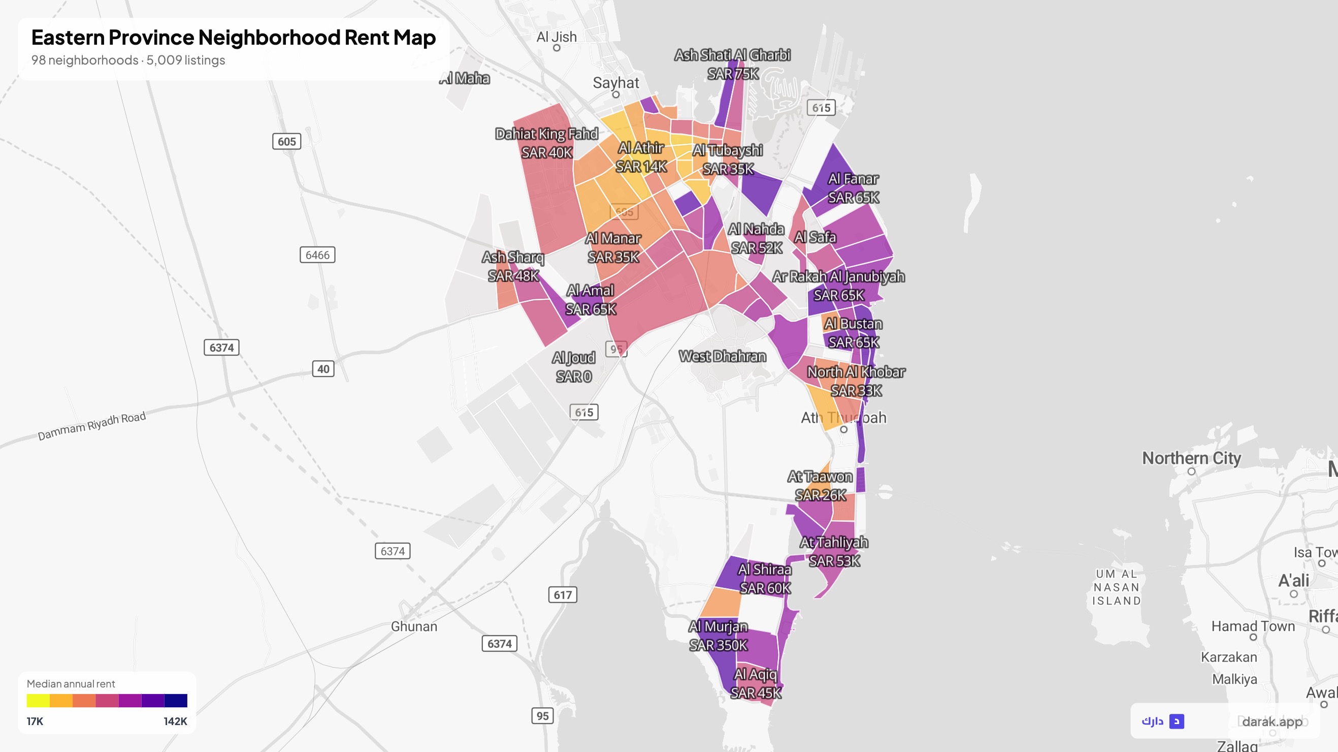 Map of Eastern Province neighborhoods with rental price data